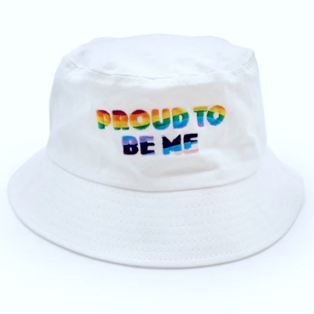 Proud To Be Me rainbow 🌈 embroidered bucket hat in White